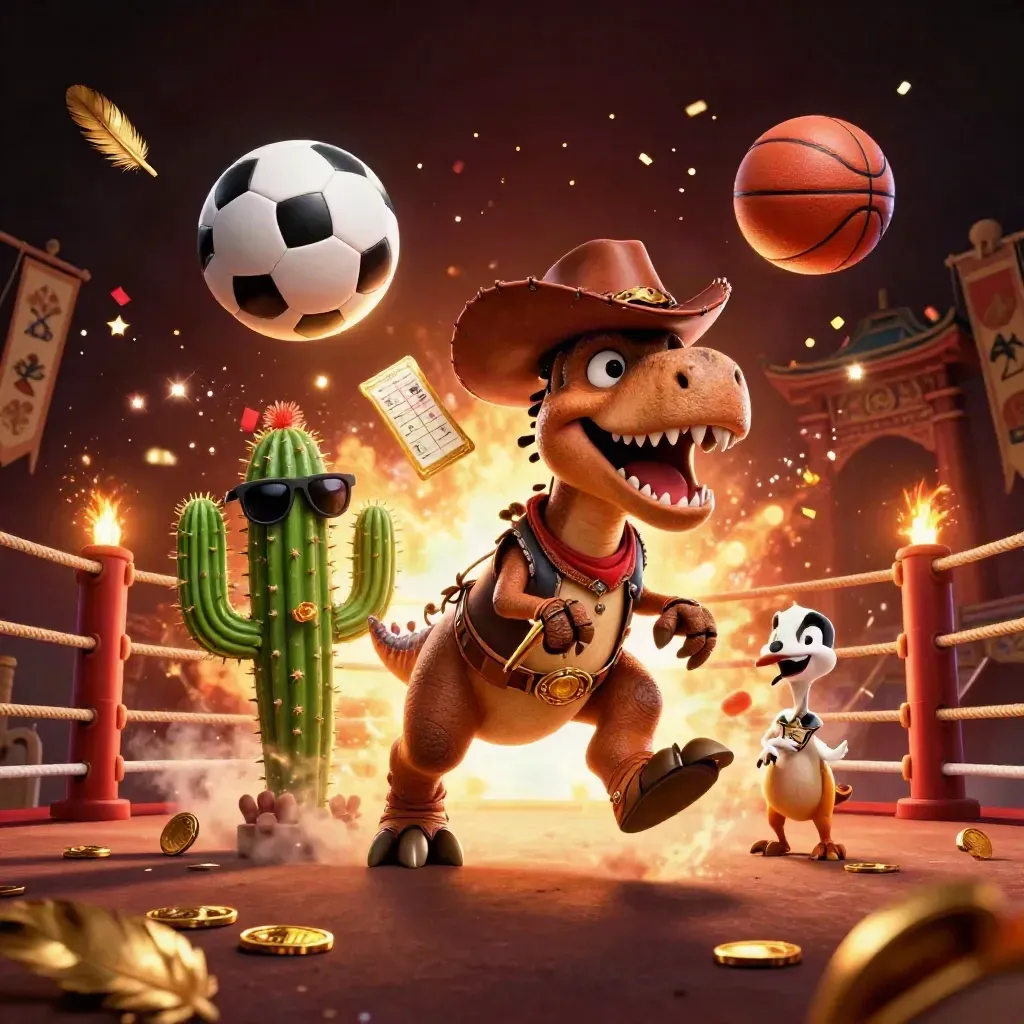 Cowboy T-Rex, cactus, and roadrunner amid flying balls, coins, sparks, and torch-lit fantasy chaos.