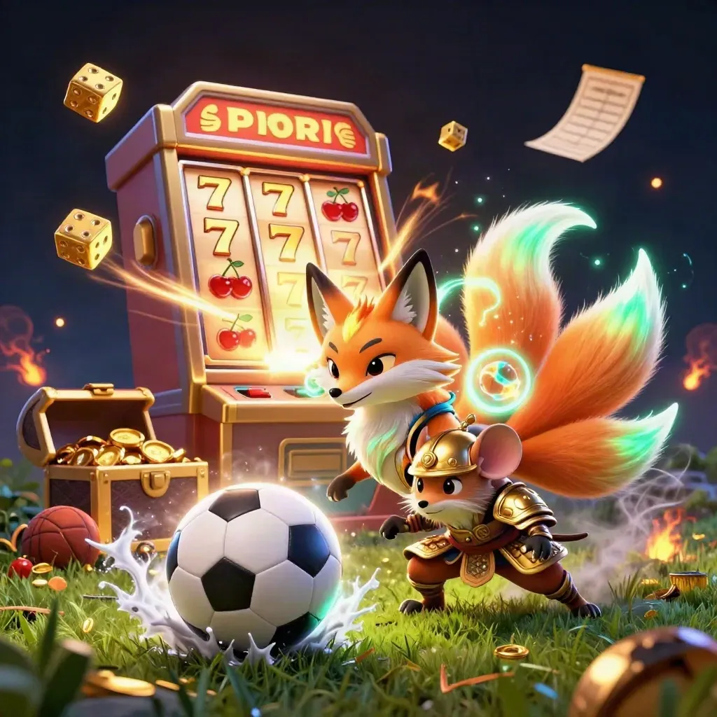 Neon fox spirit and armored mouse with a frozen football, slot burst, gold dice, chest, and stadium haze.
