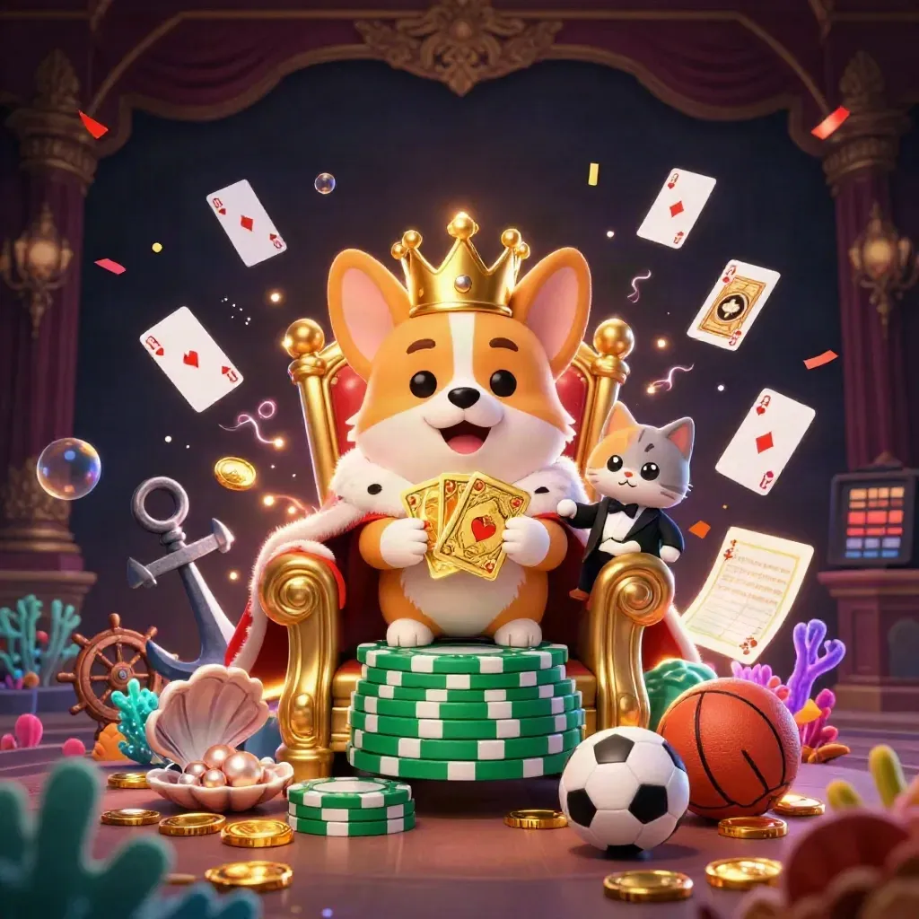 Royal corgi king and cat butler in a treasure cove with coins, cards, coral, and casino magic.