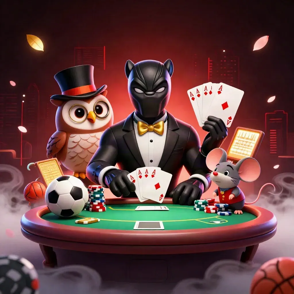 Panther, owl, and mouse at a glowing poker table with chips, cards, and neon effects.