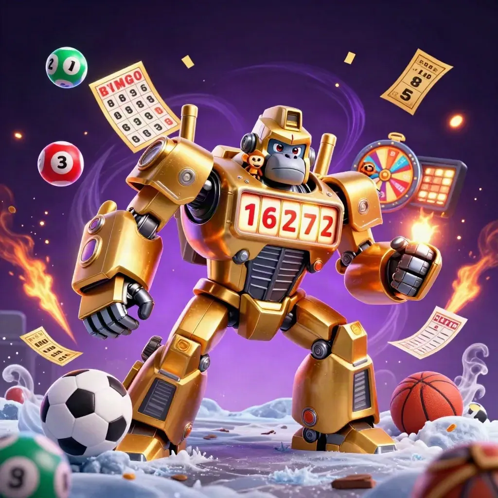 Golden gorilla slot-mech with lottery balls, prize wheel, sports gear and casino effects exploding.
