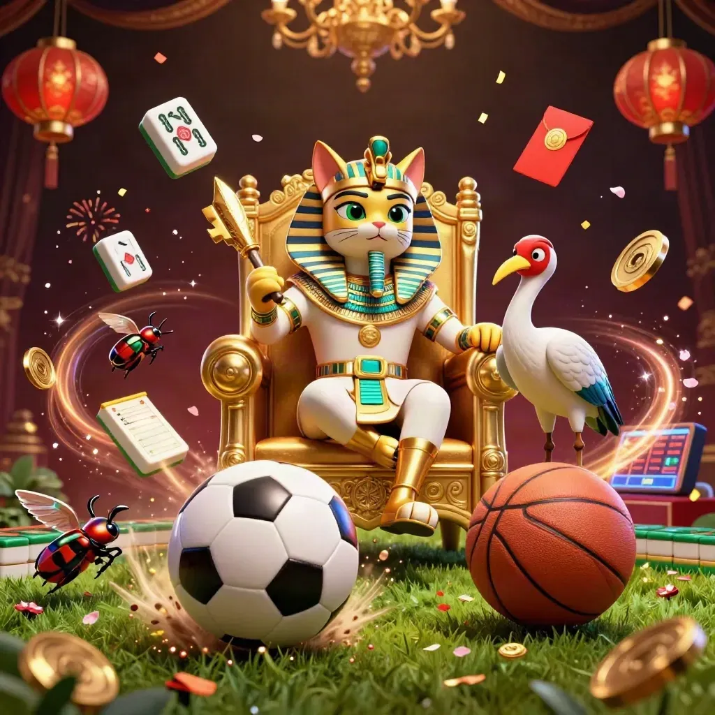 Pharaoh cat, ibis, and scarabs amid flying sports balls, gold casino props, and dramatic dark luxury lighting.
