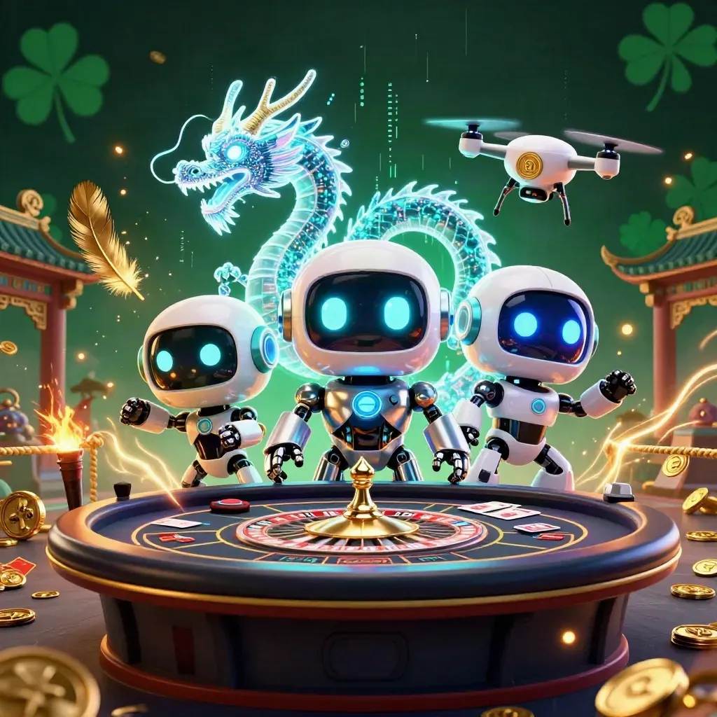 Cyberpunk robot, holographic dragon, and drone amid casino props, gold light, and emerald shadows.