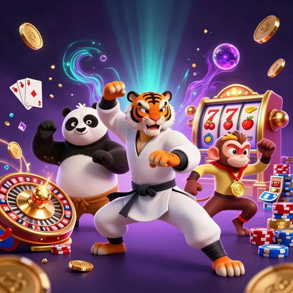 Kung-fu tiger, panda, and monkey amid casino coins, cards, chips, reels, and glowing purple magic.