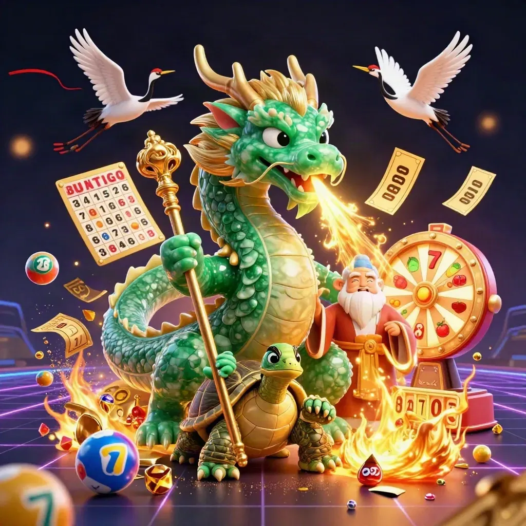 Emerald dragon, turtle sage, and cranes amid gold fire, treasure, and casino icons