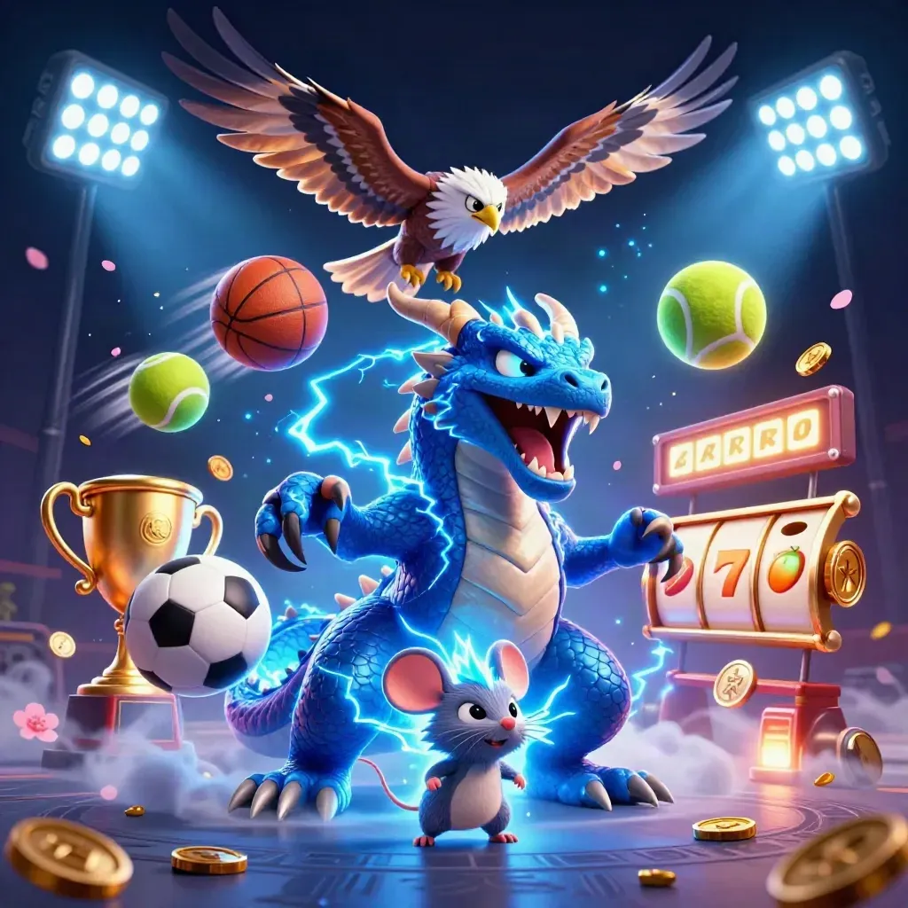 Thunder dragon, wind hawk, and thunder-mouse amid casino bursts on a dark neon sky.