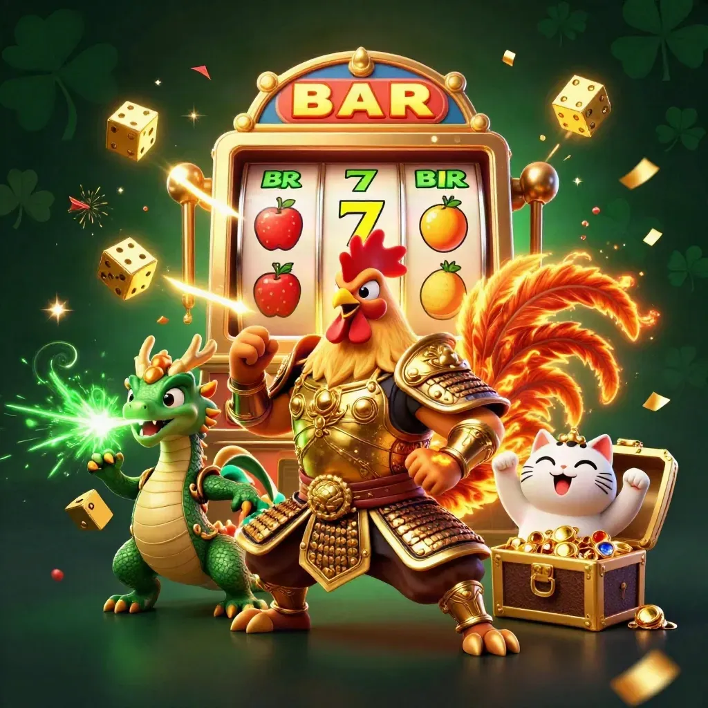 Rooster warrior, dragon hatchling, and lucky cat amid bursting casino treasure