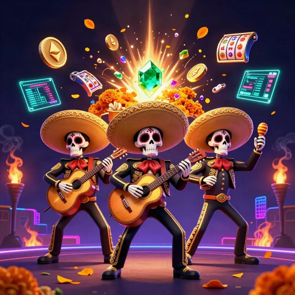 Skeleton mariachi trio blasts emerald treasure and crypto coins on a neon casino stage.