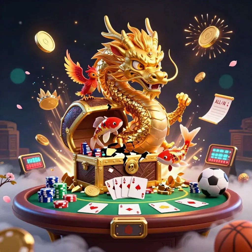 Golden dragon with phoenix and koi amid casino chips, coins, cards, fireworks, and treasure