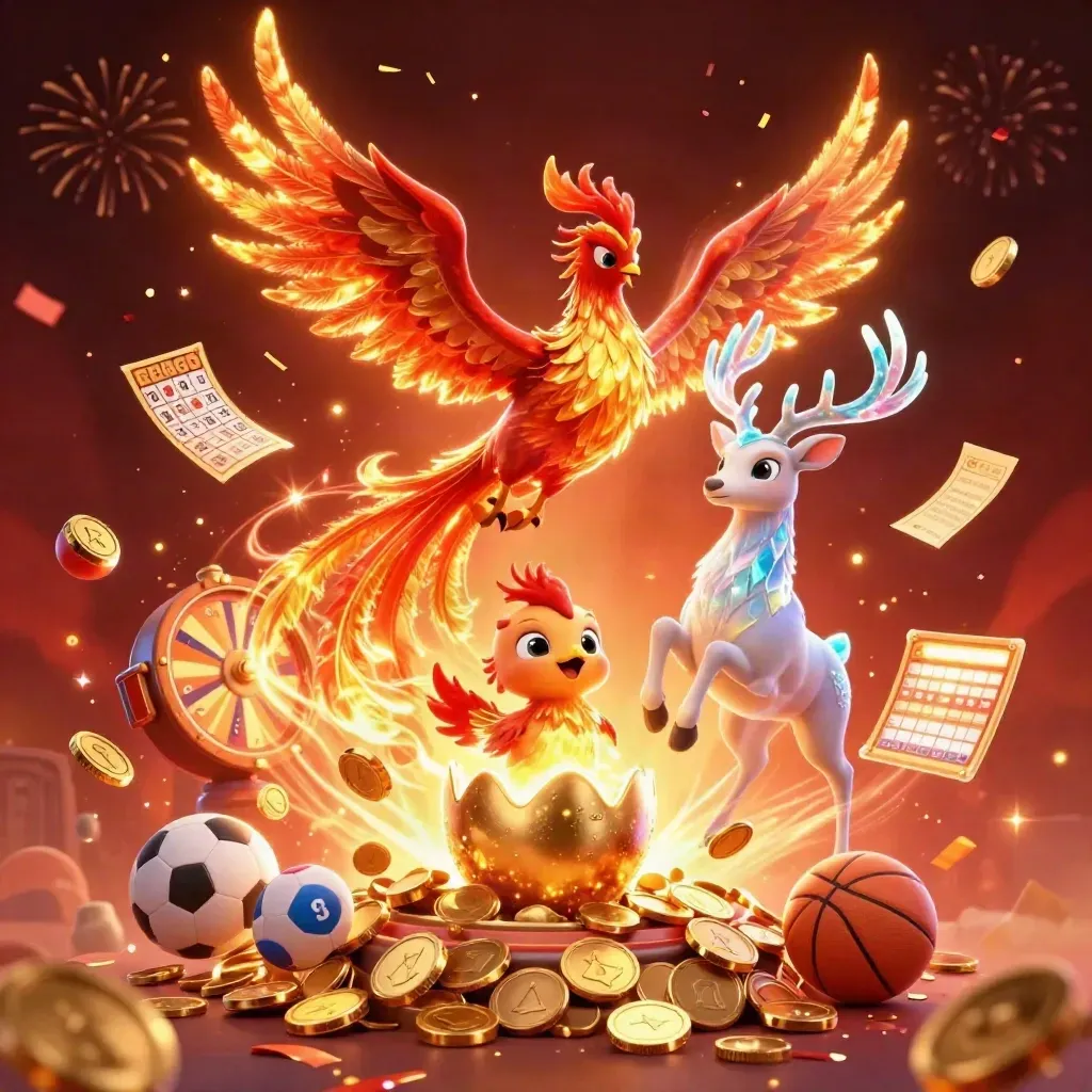 Phoenix, hatching egg, stag, coins, lottery balls, fireworks, and casino prizes bursting in a dark glow.