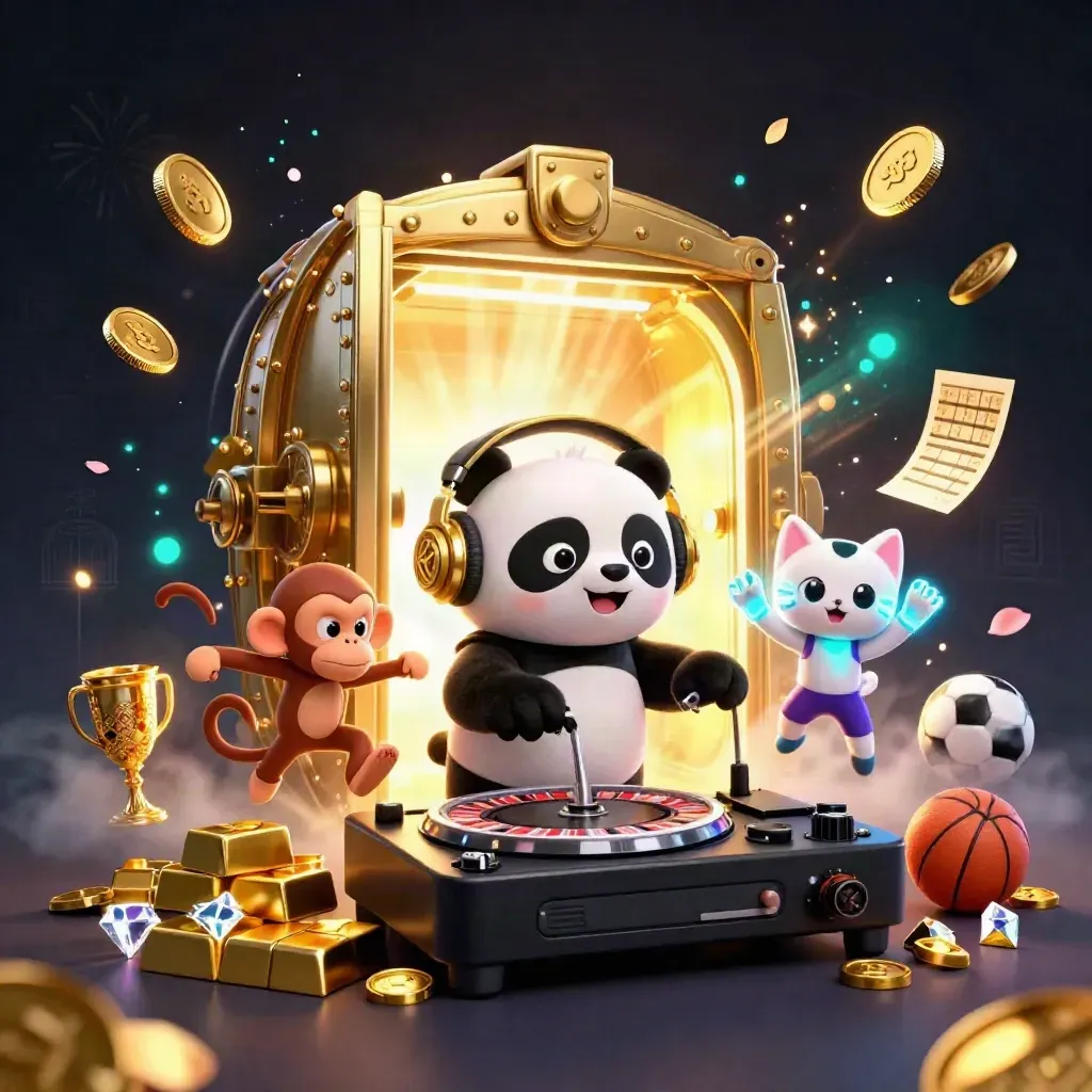 DJ panda, dancing monkey and rave kitten burst from a gold vault with coins and sparks.