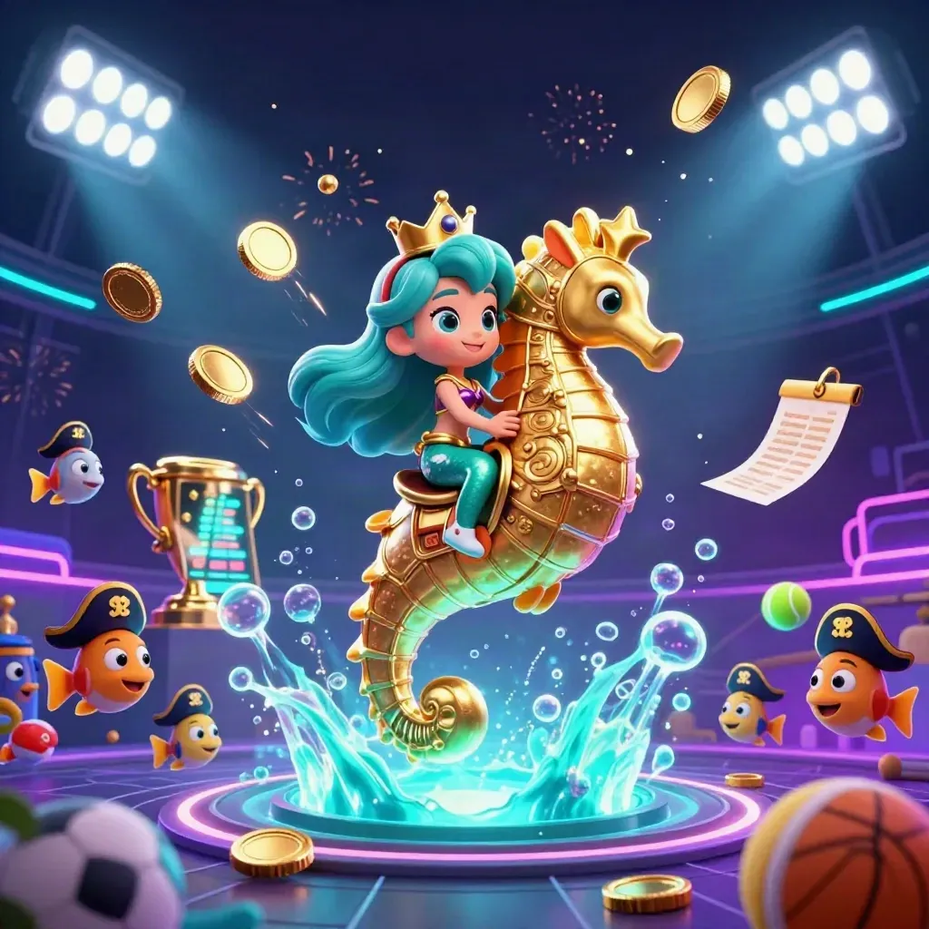 Mermaid princess on a golden seahorse amid coins, sports balls, trophy, and pirate fish in a neon underwater vault burst.
