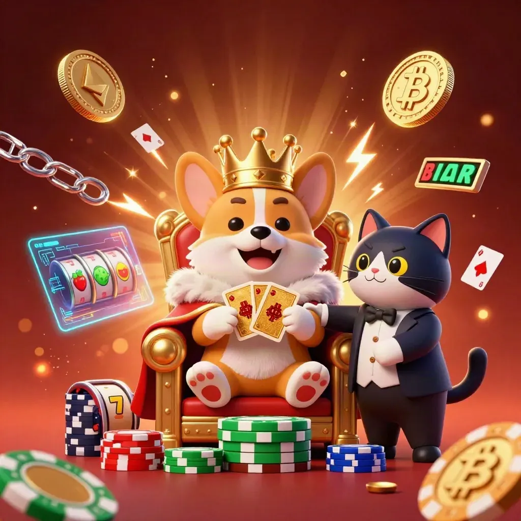 Royal corgi and cat butler on a chip throne amid glowing coins, lightning, and casino symbols