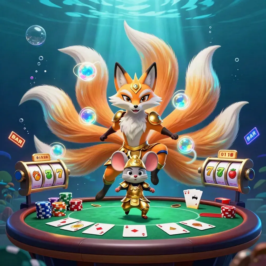 Nine-tailed fox spirit and samurai mouse amid casino props in an underwater glow.