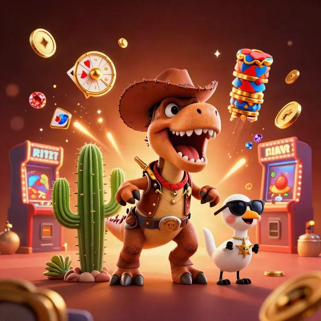 Cowboy T-Rex, cactus sidekick, and roadrunner bursting through casino loot and glowing reels.